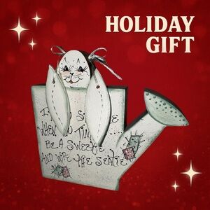 Vintage Bunny Watering Can – “If You Sprinkle When You Tinkle” Wooden Folk Art